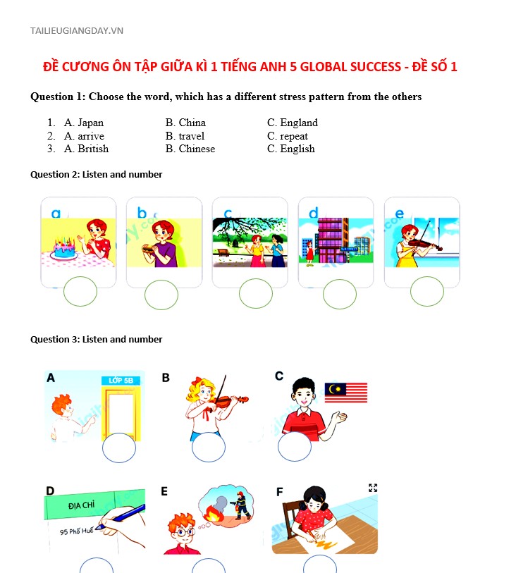 Đề cương ôn tập giữa kỳ 1 tiếng anh 5 Global success có đáp án